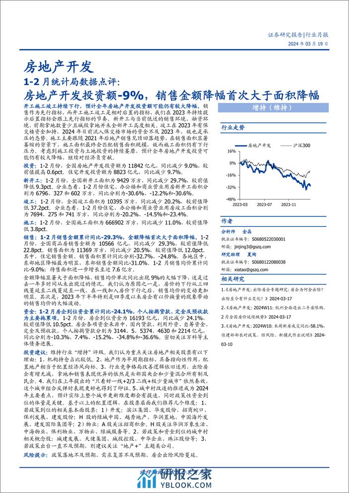 房地产开发行业1-2月统计局数据点评：房地产开发投资额-9%25，销售金额降幅首次大于面积降幅-240319-国盛证券-13页 - 第1页预览图