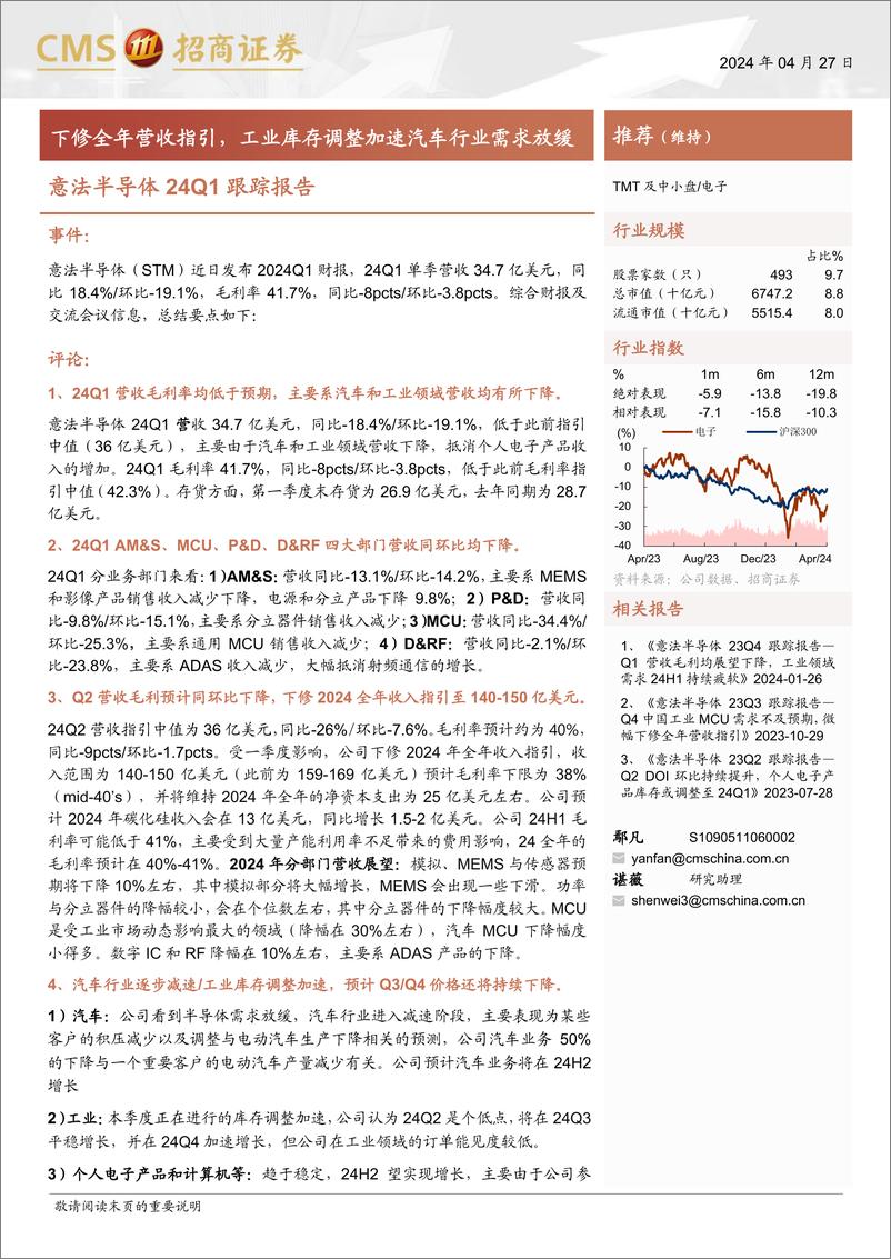 《电子行业意法半导体24Q1跟踪报告：下修全年营收指引，工业库存调整加速汽车行业需求放缓-240427-招商证券-10页》 - 第1页预览图