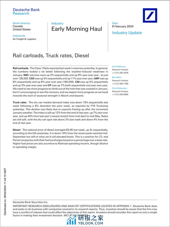 Deutsche Bank-Early Morning Haul Rail carloads, Truck rates, Diesel-106367028 - 第1页预览图