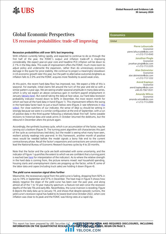 UBS Economics-Global Economic Perspectives _US recession probabilities tr...-106229591 - 第1页预览图