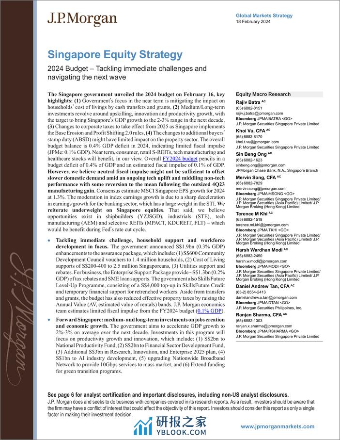 JPMorgan-Singapore Equity Strategy 2024 Budget – Tackling immediate c...-106570538 - 第1页预览图